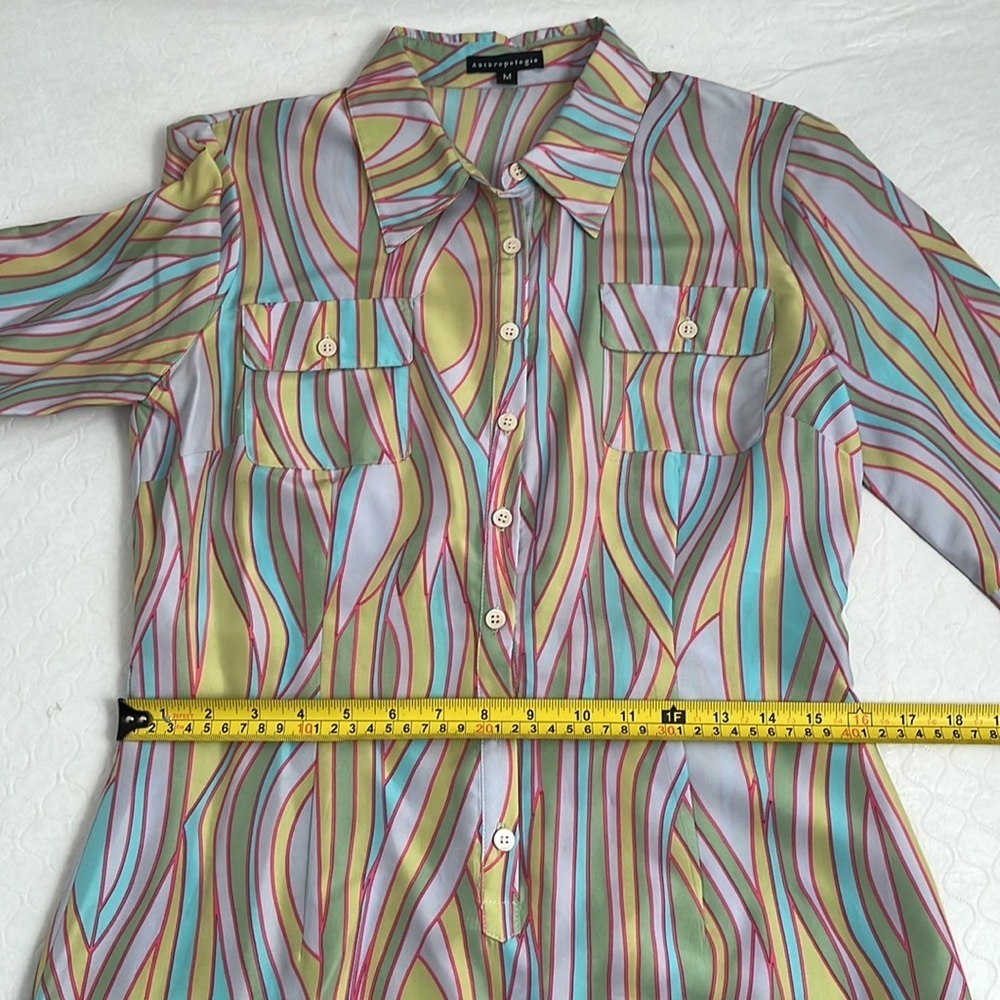 Anthropologie multicolor silk retro pastel patterned shirt dress M - Picture 9 of 11